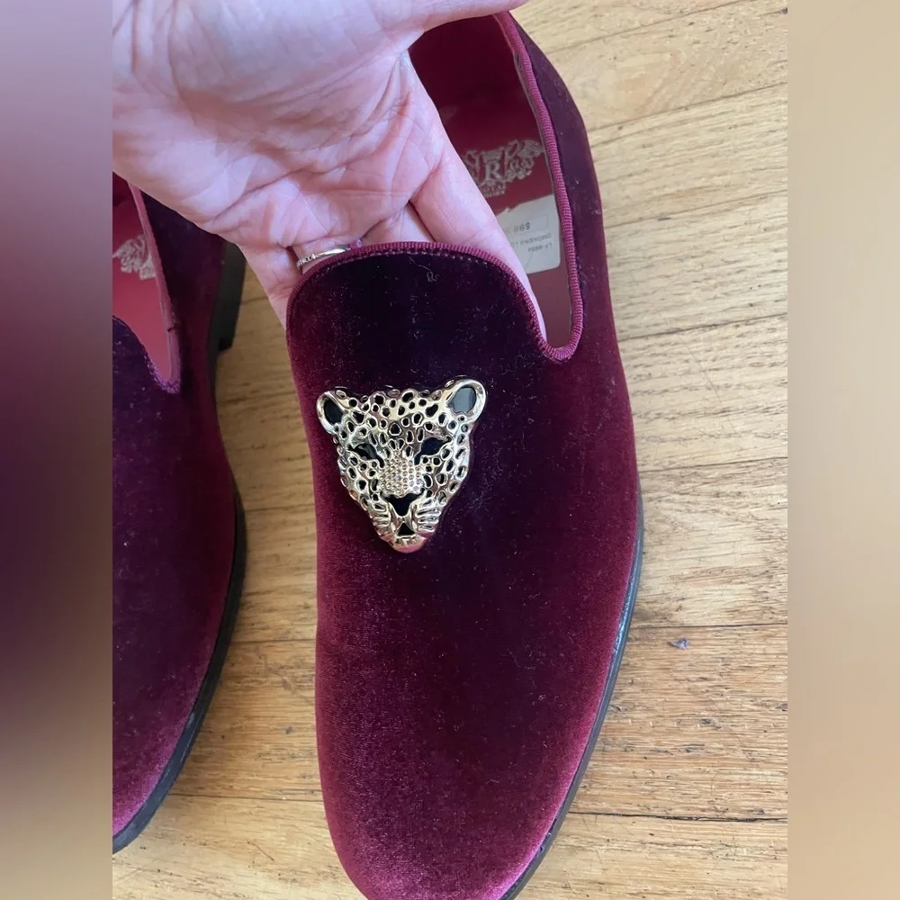 Burgundy Velvet Loafers with Leopard Accent